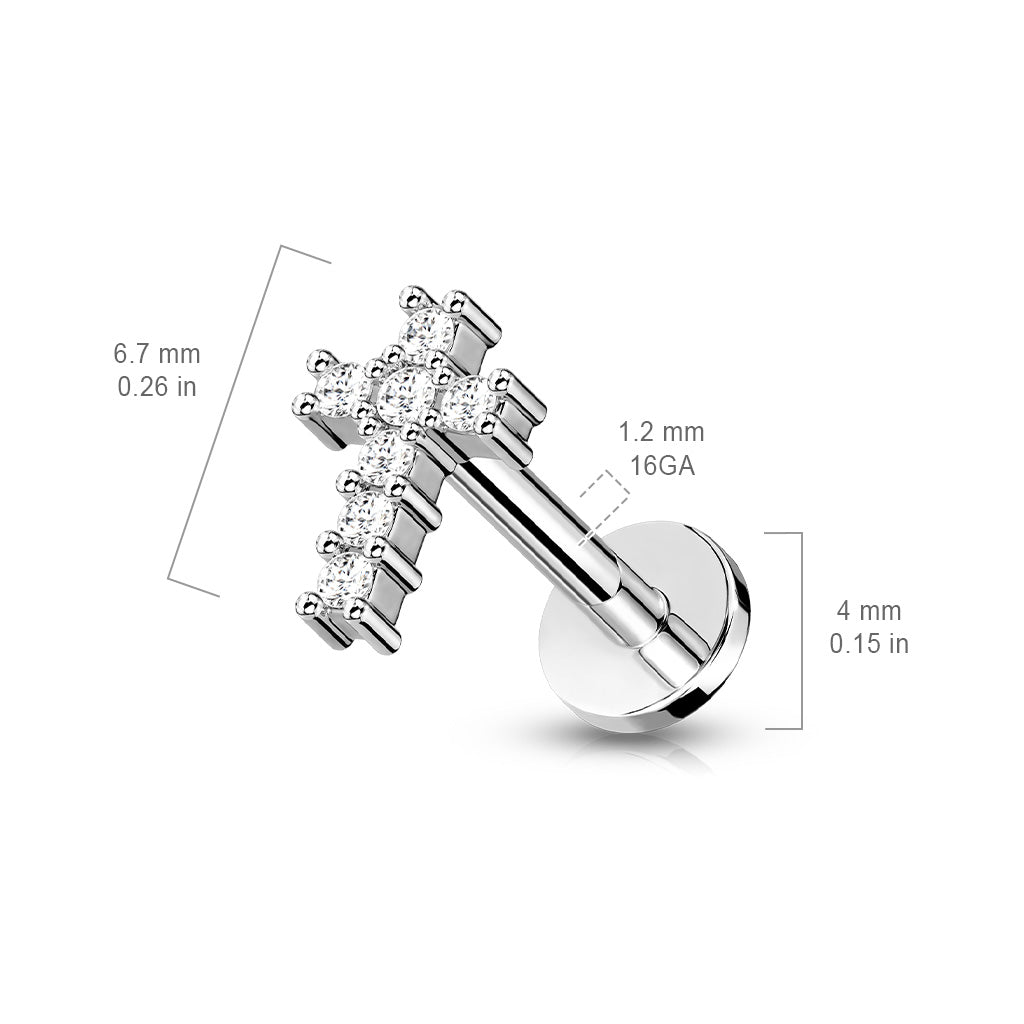 316L Internally Threaded Flat Back Labret with Pave CZ Cross Top size chart