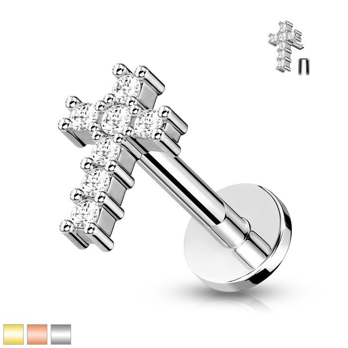 316L Internally Threaded Flat Back Labret With Pave CZ Cross Top