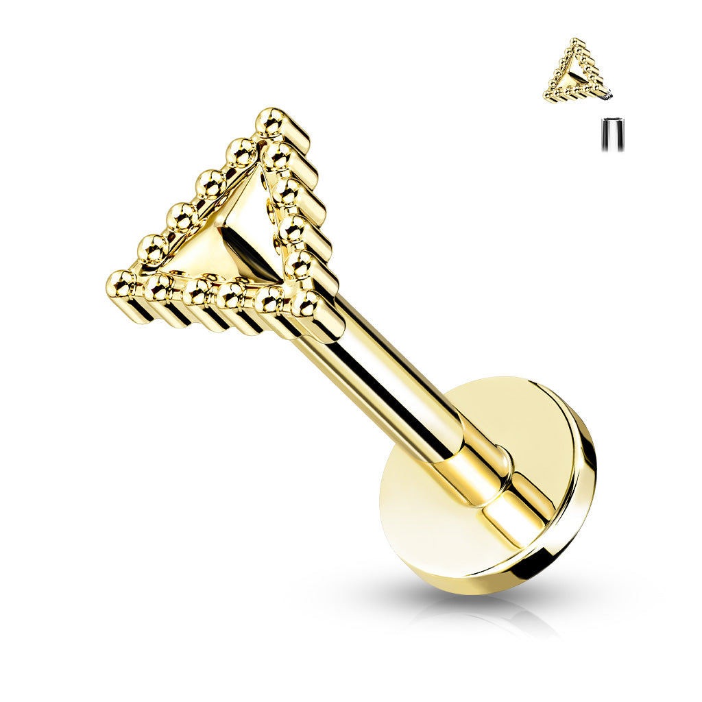 316L Internally Threaded Flat Back Labret with Beaded Edge Triangle Top - Gold