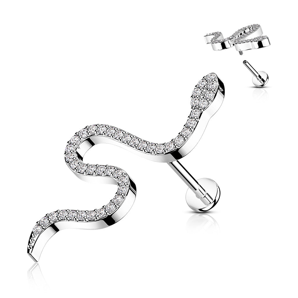 316L Internally Threaded Flat Back Labret with Pave CZ Snake Top - Clear