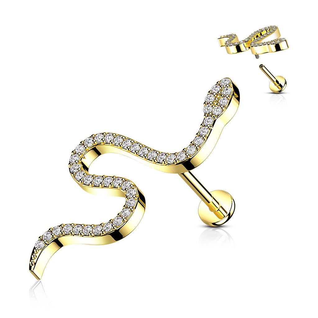 316L Internally Threaded Flat Back Labret with Pave CZ Snake Top - Gold/Clear