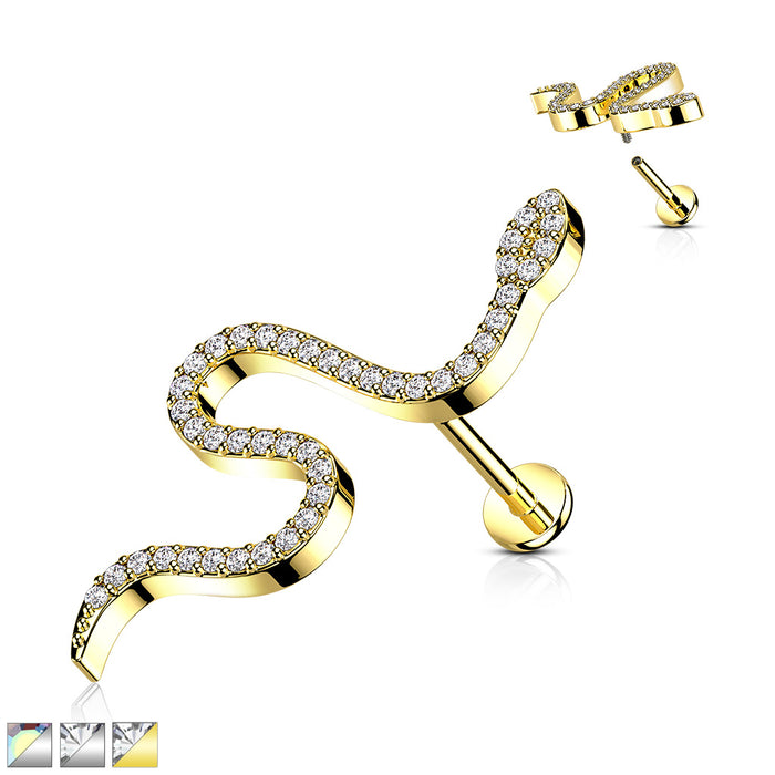 316L Internally Threaded Flat Back Labret With Pave CZ Snake Top