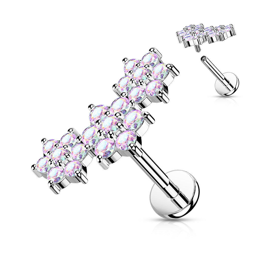 316L Internally Threaded Flat Back Labret with Triple CZ Flower Cluster Top - Aurora Borealis