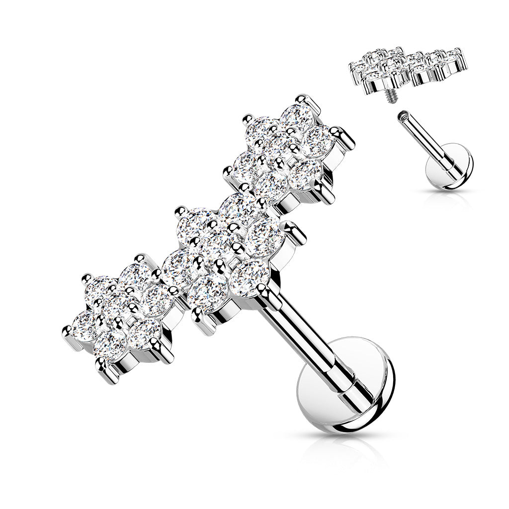 316L Internally Threaded Flat Back Labret with Triple CZ Flower Cluster Top - Clear