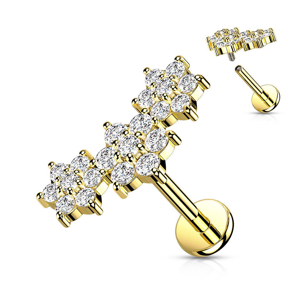 316L Internally Threaded Flat Back Labret with Triple CZ Flower Cluster Top - Gold/Clear