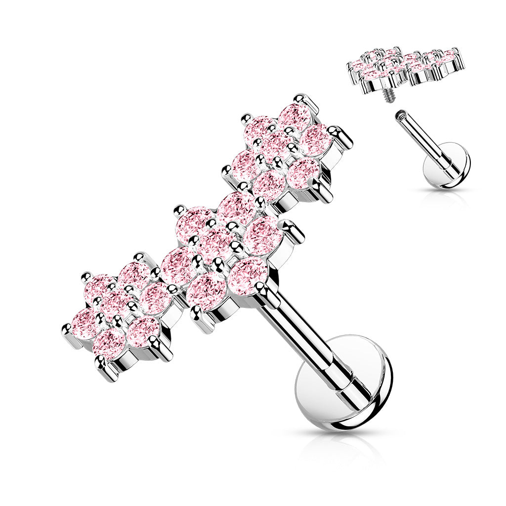 316L Internally Threaded Flat Back Labret with Triple CZ Flower Cluster Top - Pink