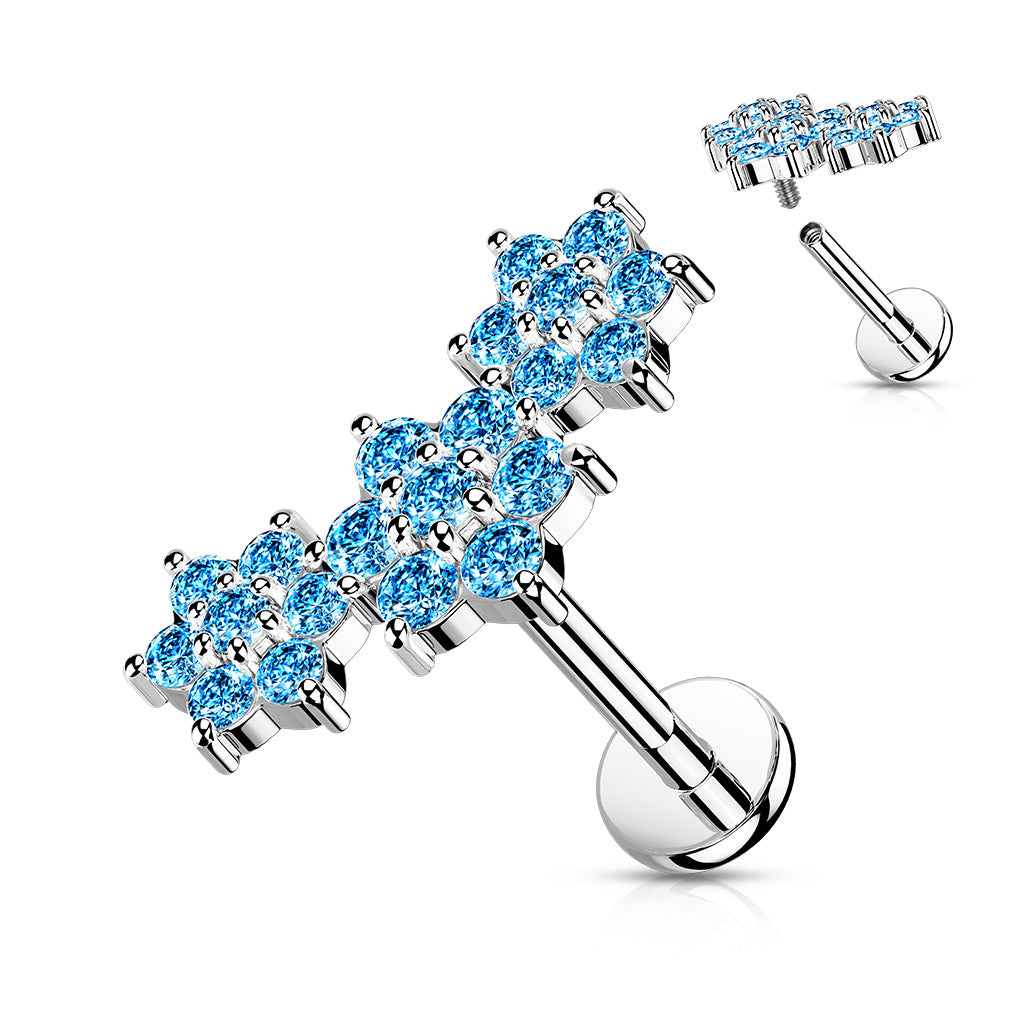 316L Internally Threaded Flat Back Labret with Triple CZ Flower Cluster Top - Aqua