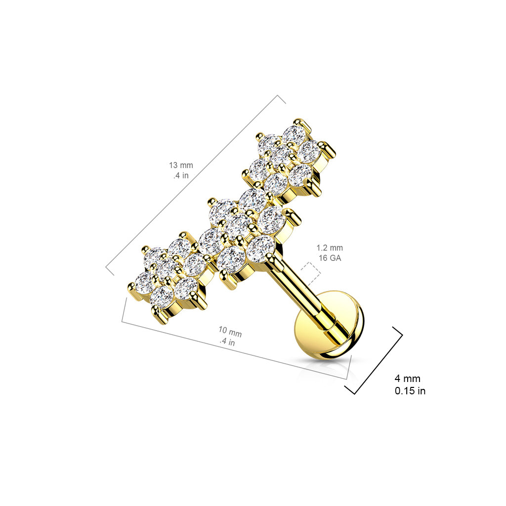 316L Internally Threaded Flat Back Labret with Triple CZ Flower Cluster Top size chart