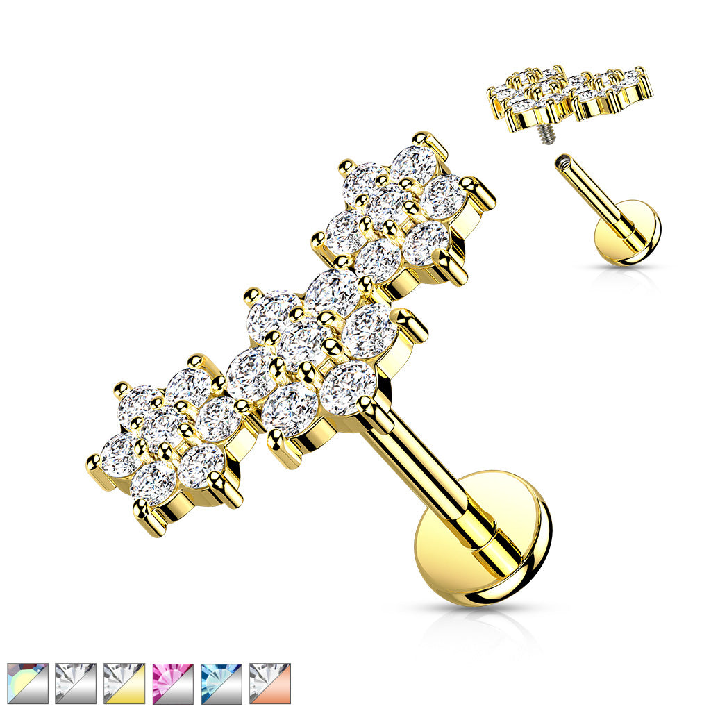 316L Internally Threaded Flat Back Labret with Triple CZ Flower Cluster Top - all colors