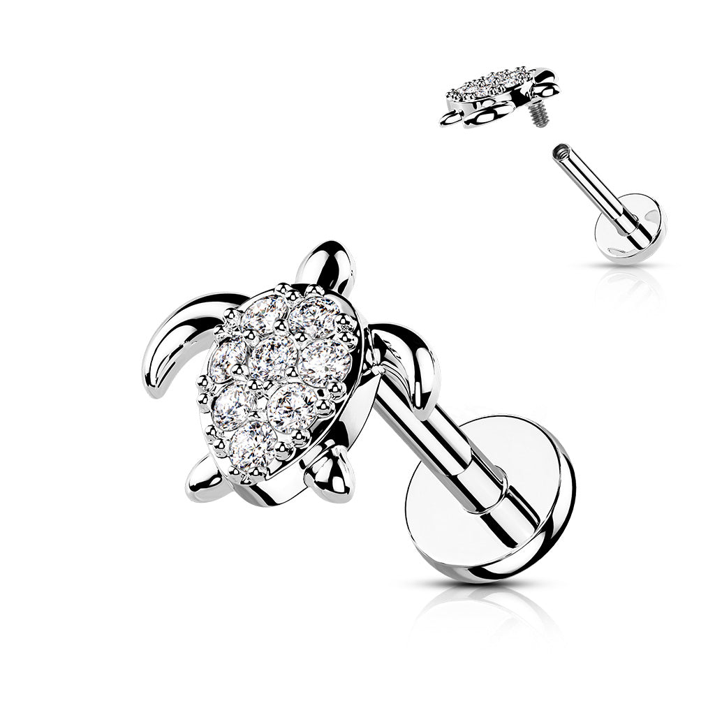 316L Internally Threaded Flat Back Labret with Pave CZ Turtle - Clear