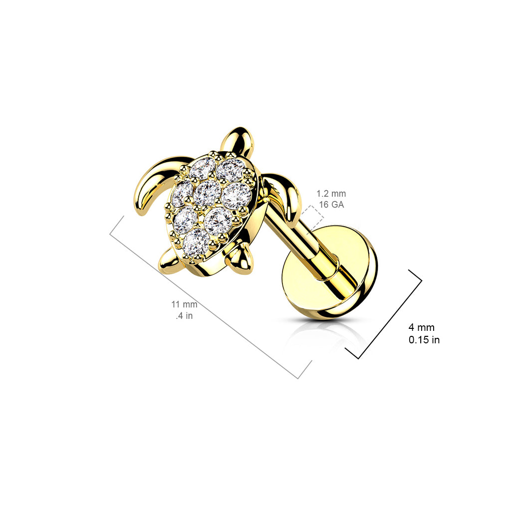 316L Internally Threaded Flat Back Labret with Pave CZ Turtle size chart