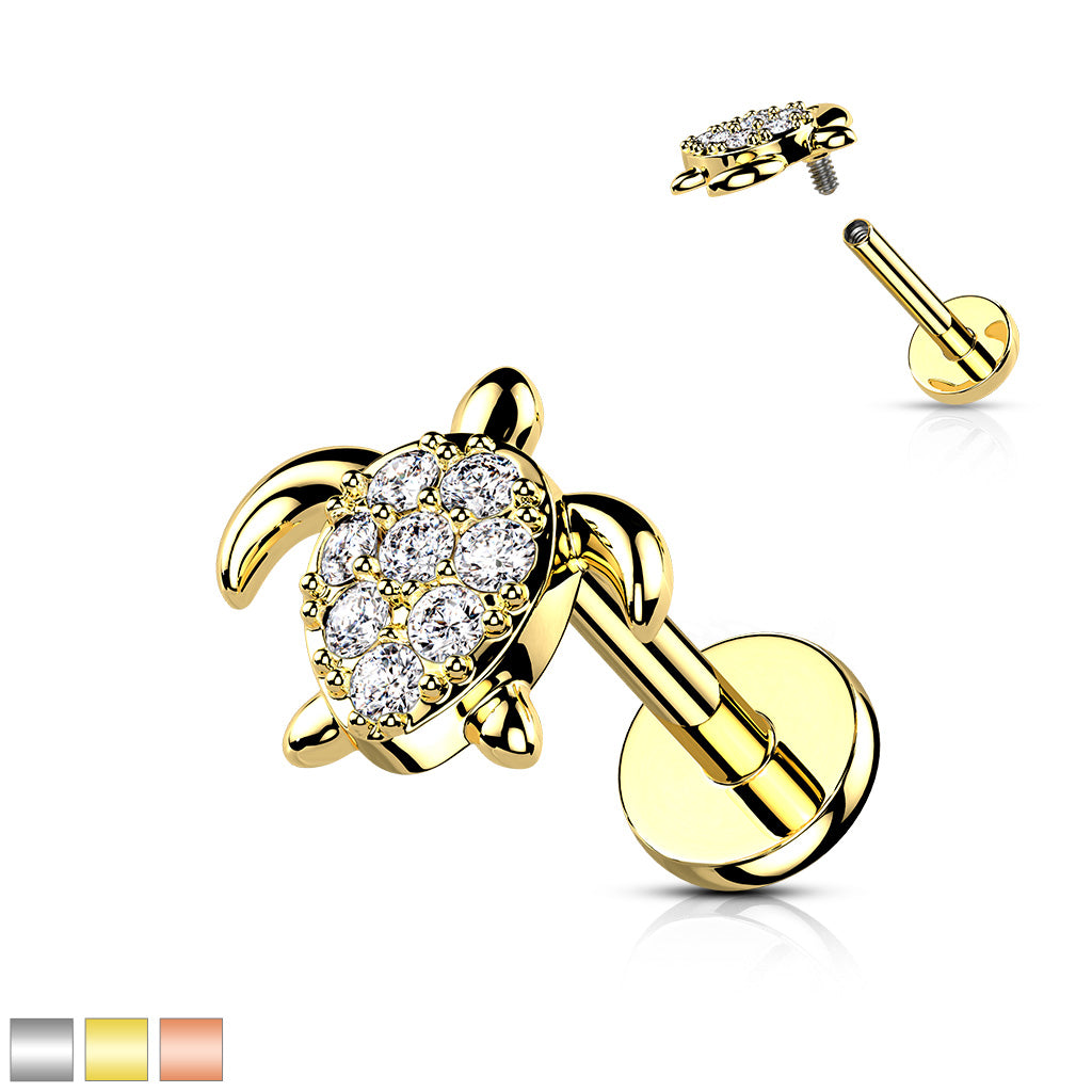 316L Internally Threaded Flat Back Labret with Pave CZ Turtle - all colors