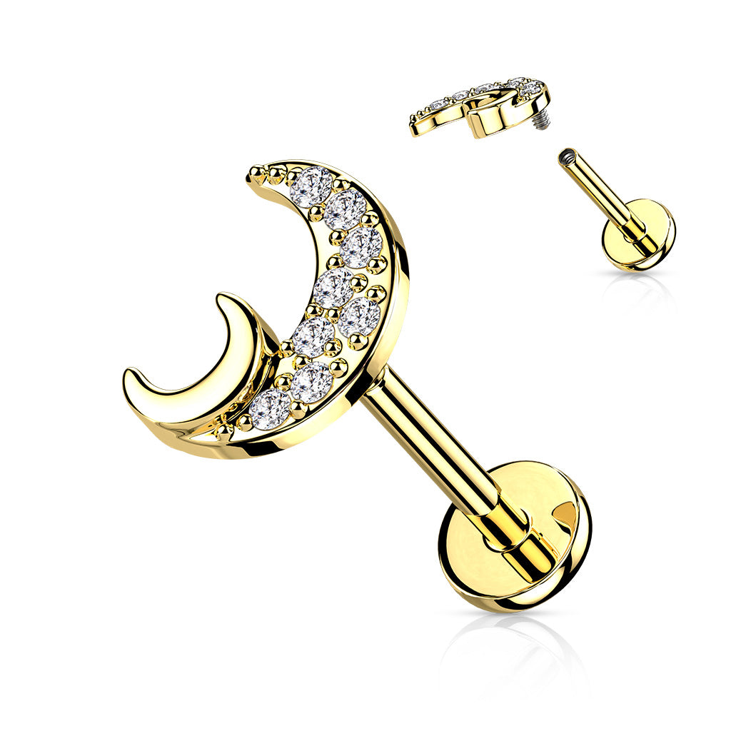 316L Internally Threaded Flat Back Labret with Pave CZ Crescent Moon - Gold/Clear
