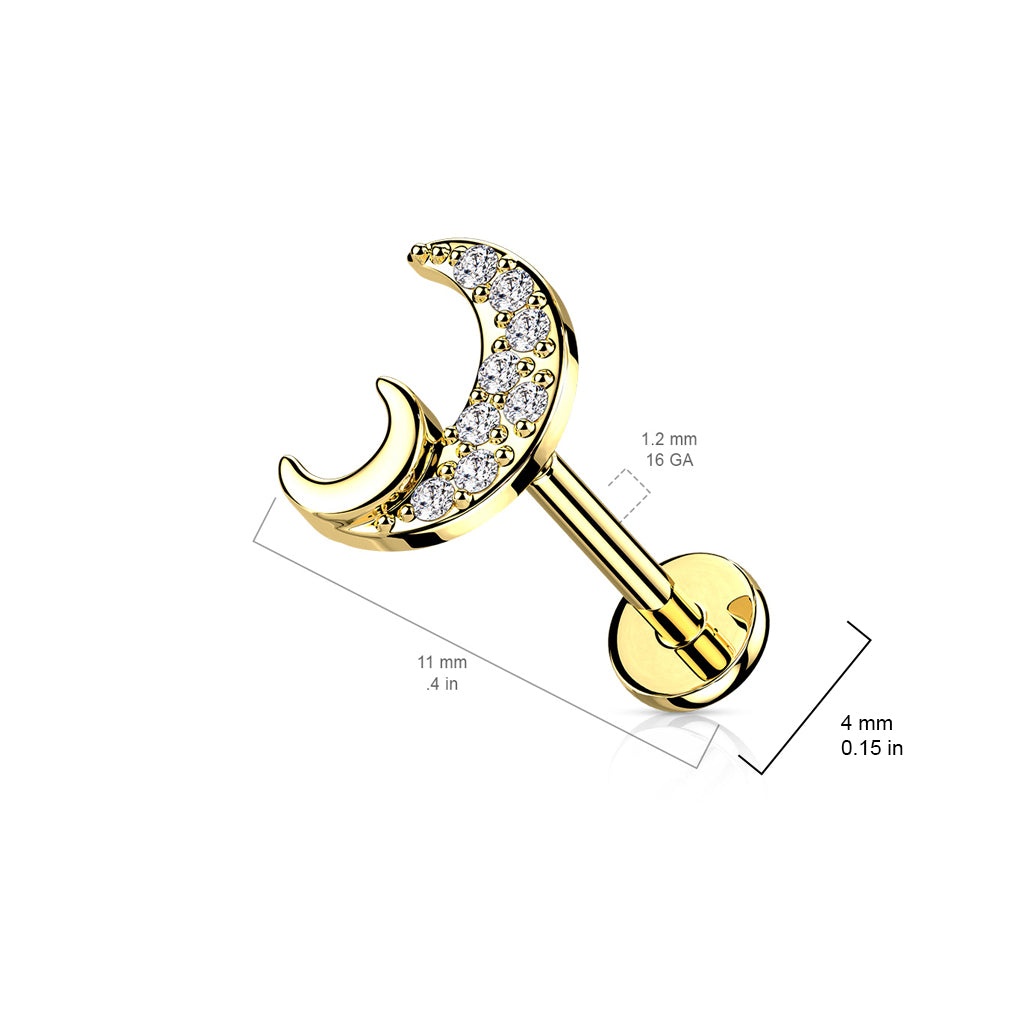 316L Internally Threaded Flat Back Labret with Pave CZ Crescent Moon size chart