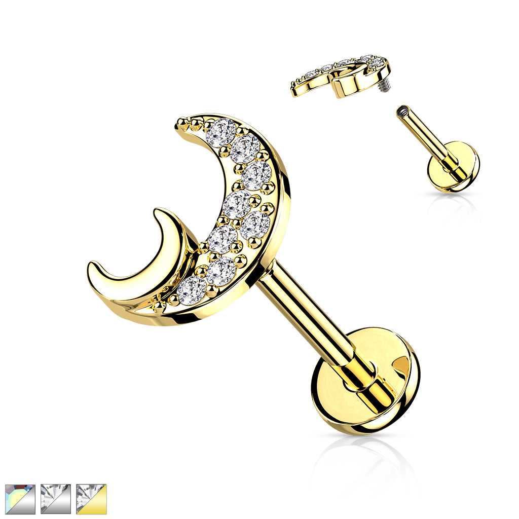 316L Internally Threaded Flat Back Labret with Pave CZ Crescent Moon - all colors