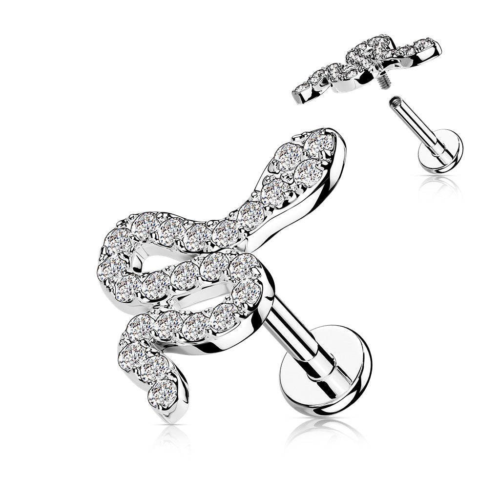 316L Internally Threaded Flat Back Labret with Pave CZ Small Snake Top - Clear