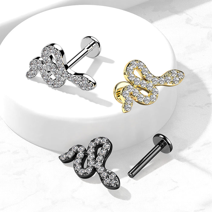 316L Internally Threaded Flat Back Labret With Pave CZ Small Snake Top