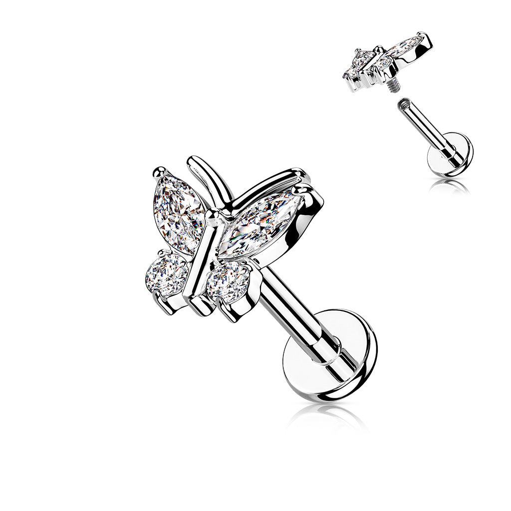 316L Internally Threaded Flat Back Labret With 4 Cz Butterfly Top - Clear