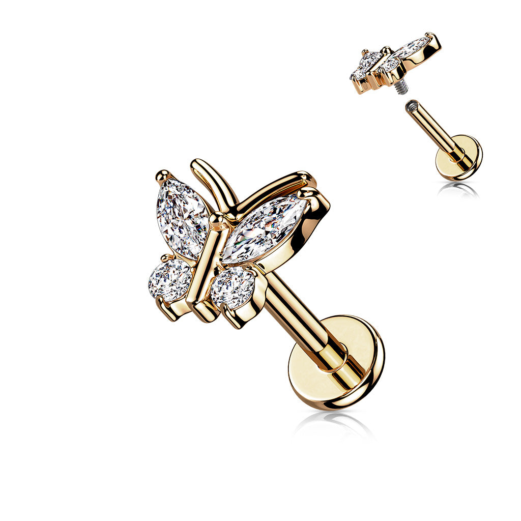 316L Internally Threaded Flat Back Labret With 4 Cz Butterfly Top - Rose Gold/Clear