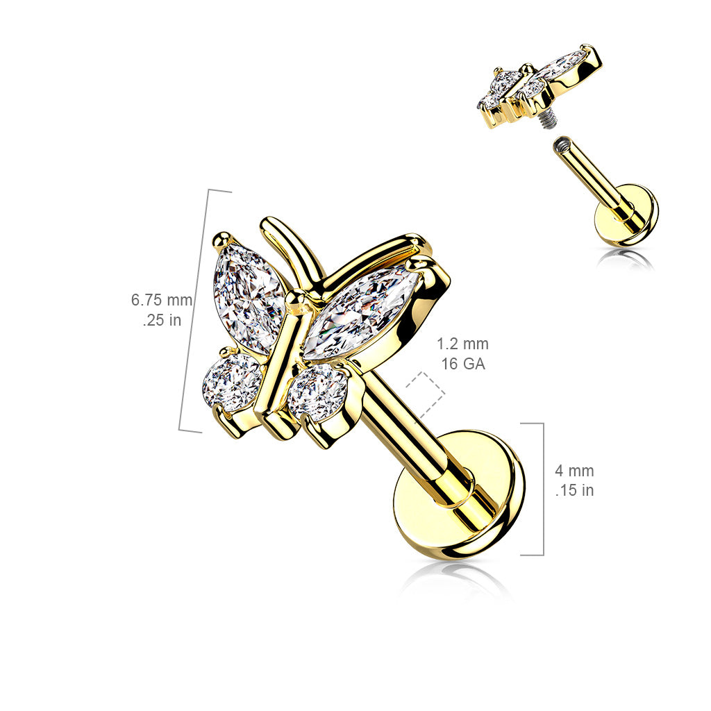 316L Internally Threaded Flat Back Labret With 4 Cz Butterfly Top size chart