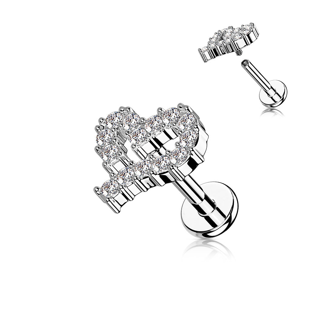 316L Internally Threaded Flat Back Labret with Pave CZ Hollow Heart Top - Clear
