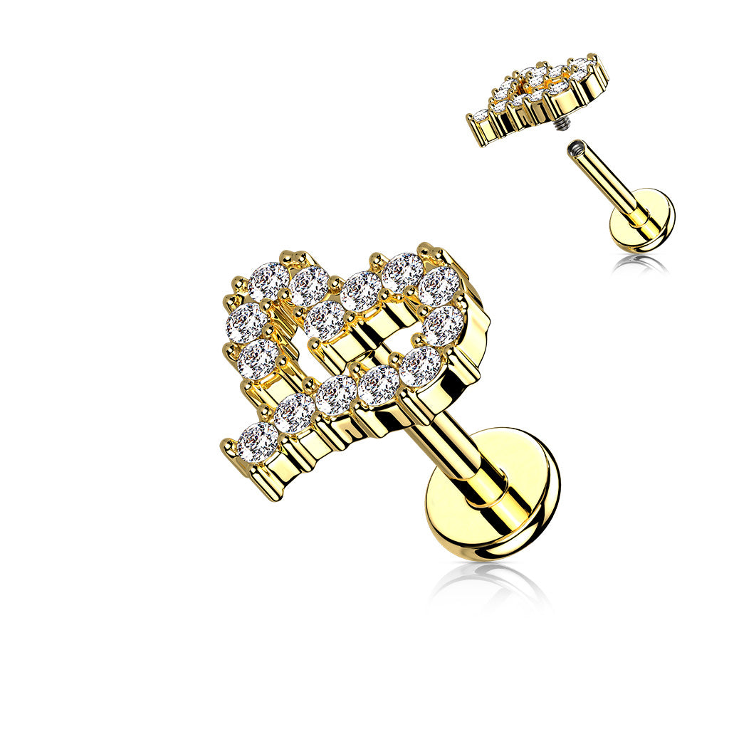 316L Internally Threaded Flat Back Labret with Pave CZ Hollow Heart Top - Gold/Clear