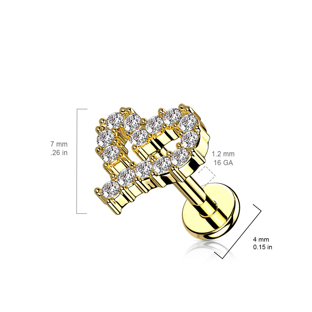 316L Internally Threaded Flat Back Labret with Pave CZ Hollow Heart Top size chart