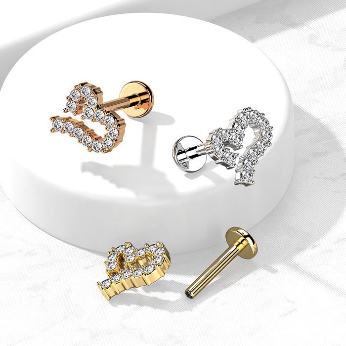 316L Internally Threaded Flat Back Labret With Pave CZ Hollow Heart Top