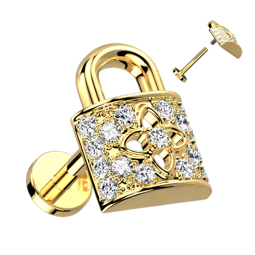 316L Internally Threaded Flat Back Labret With Pave CZ Lock Top - Gold/Clear