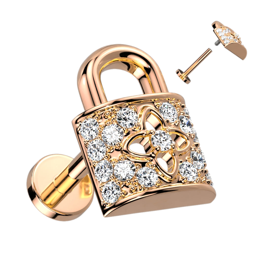 316L Internally Threaded Flat Back Labret With Pave CZ Lock Top - Rose Gold/Clear