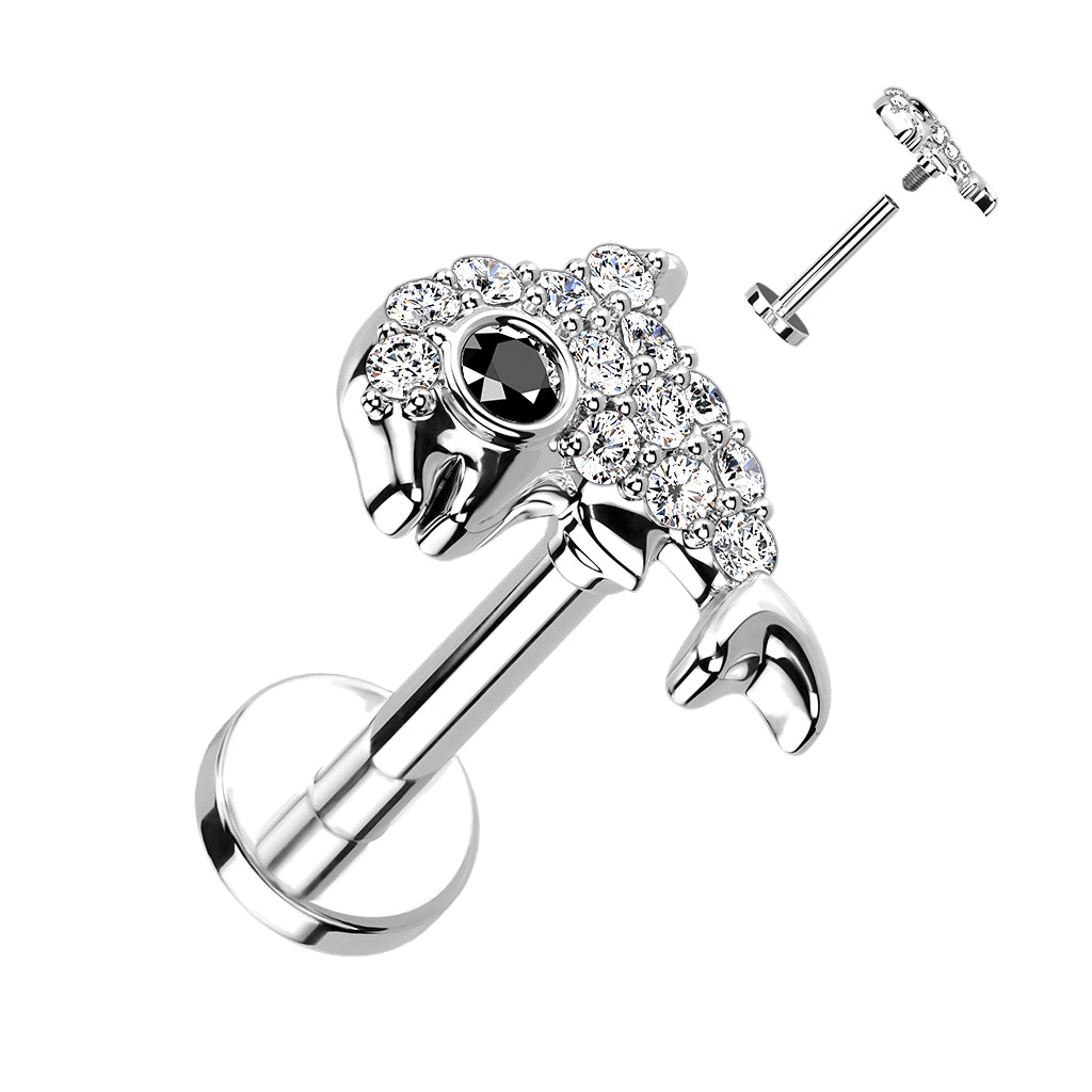 316L Internally Threaded Flat Back Stud With Pave CZ Dolphin Top - Clear