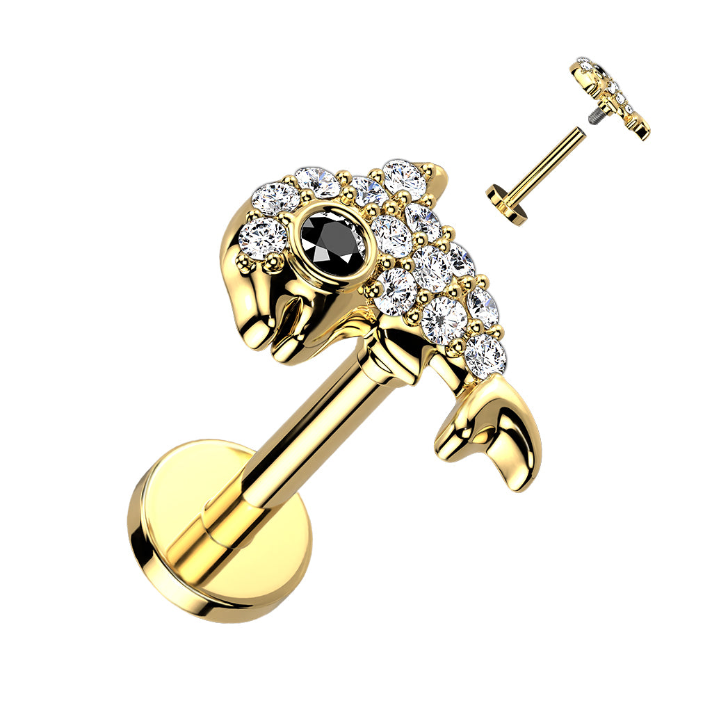 316L Internally Threaded Flat Back Stud With Pave CZ Dolphin Top - Gold/Clear