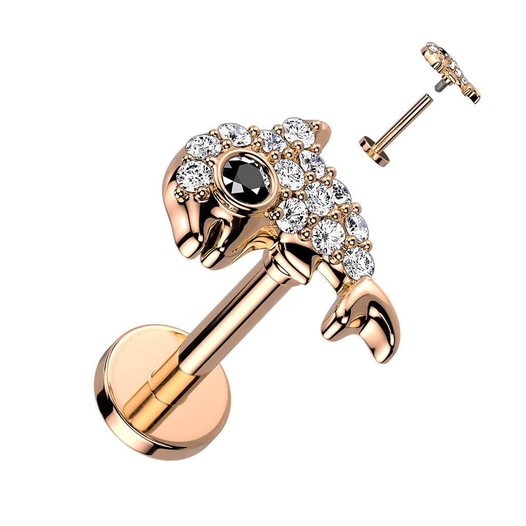 316L Internally Threaded Flat Back Stud With Pave CZ Dolphin Top - Rose Gold/Clear