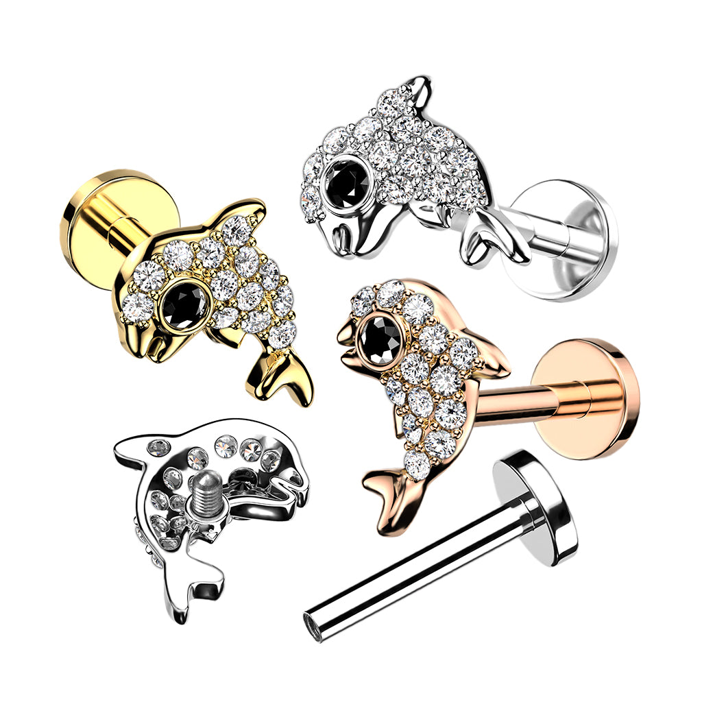 316L Internally Threaded Flat Back Stud With Pave CZ Dolphin Top - all colors