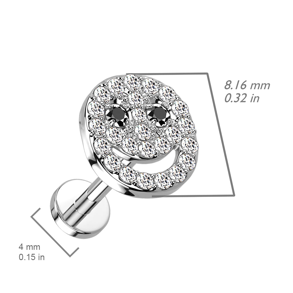 316L Internally Threaded Flat Back Labret with Pave CZ Smiley Face size chart