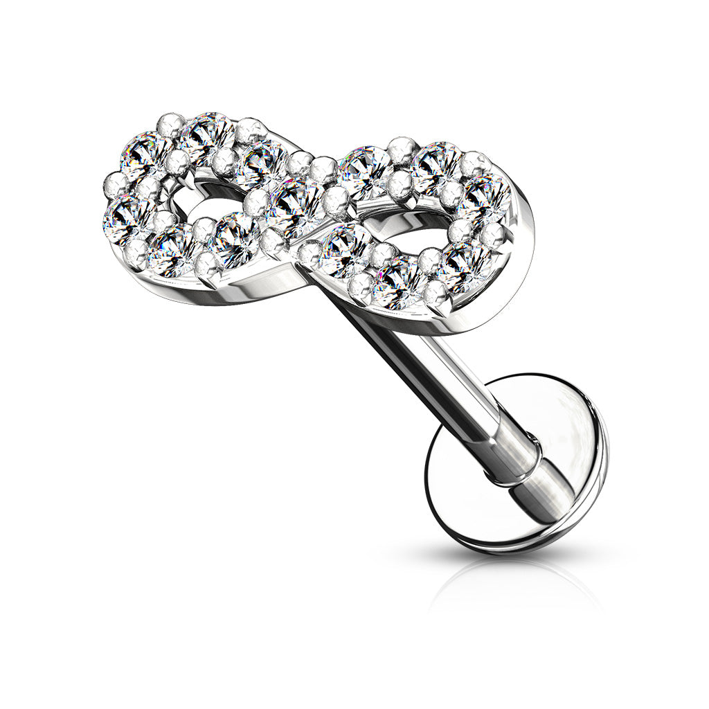 CZ Paved Infinity Symbol Top Internally Threaded 316L Surgical Steel Labret, Monroe, Ear Cartilage Studs Flat Back - Clear