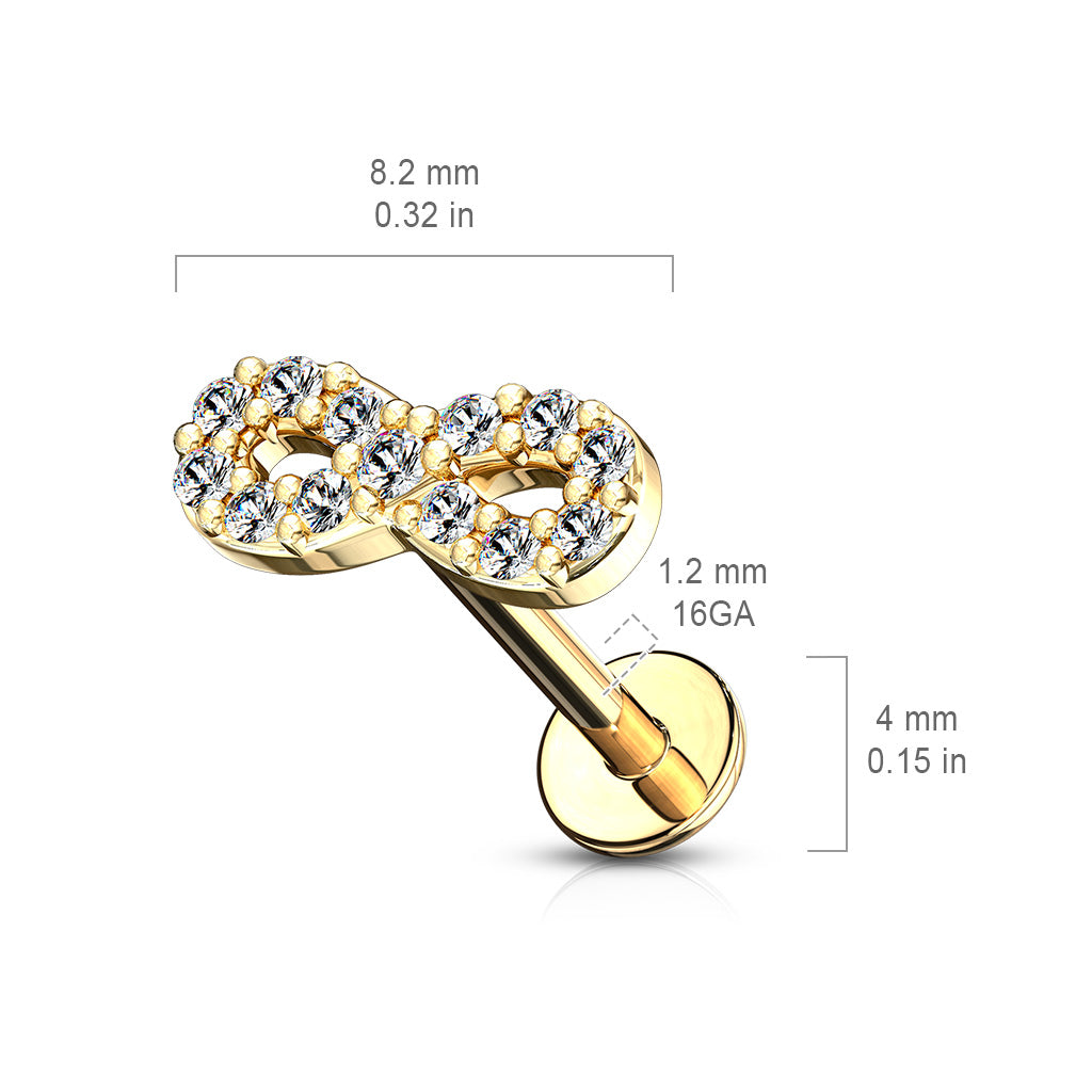 CZ Paved Infinity Symbol Top Internally Threaded 316L Surgical Steel Labret, Monroe, Ear Cartilage Studs Flat Back size chart