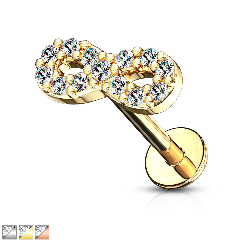 CZ Paved Infinity Symbol Top Internally Threaded 316L Surgical Steel Labret, Monroe, Ear Cartilage Studs Flat Back - all colors
