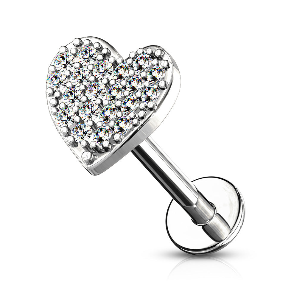 CZ Paved Curved Heart Top Internally Threaded 316L Surgical Steel Labret, Monroe, Ear Cartilage Studs Flat Back - Clear