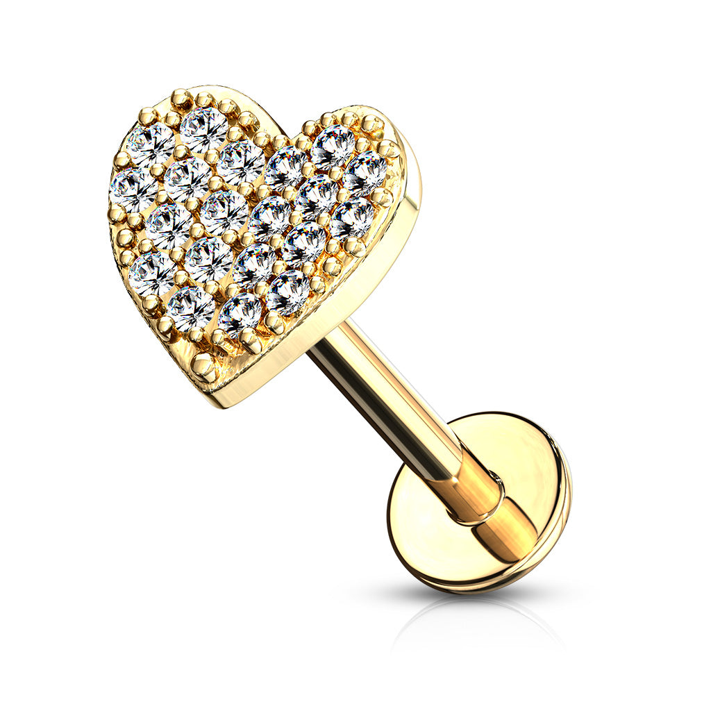 CZ Paved Curved Heart Top Internally Threaded 316L Surgical Steel Labret, Monroe, Ear Cartilage Studs Flat Back - Gold/Clear