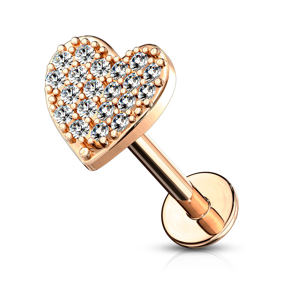 CZ Paved Curved Heart Top Internally Threaded 316L Surgical Steel Labret, Monroe, Ear Cartilage Studs Flat Back - Rose Gold/Clear