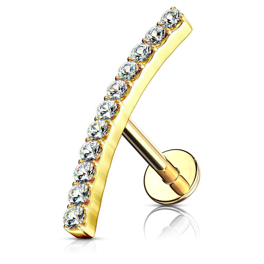 Lined CZ Curve Top 316L Surgical Steel Internally Threaded Labret, Monroe, Cartilage Studs - Gold/Clear