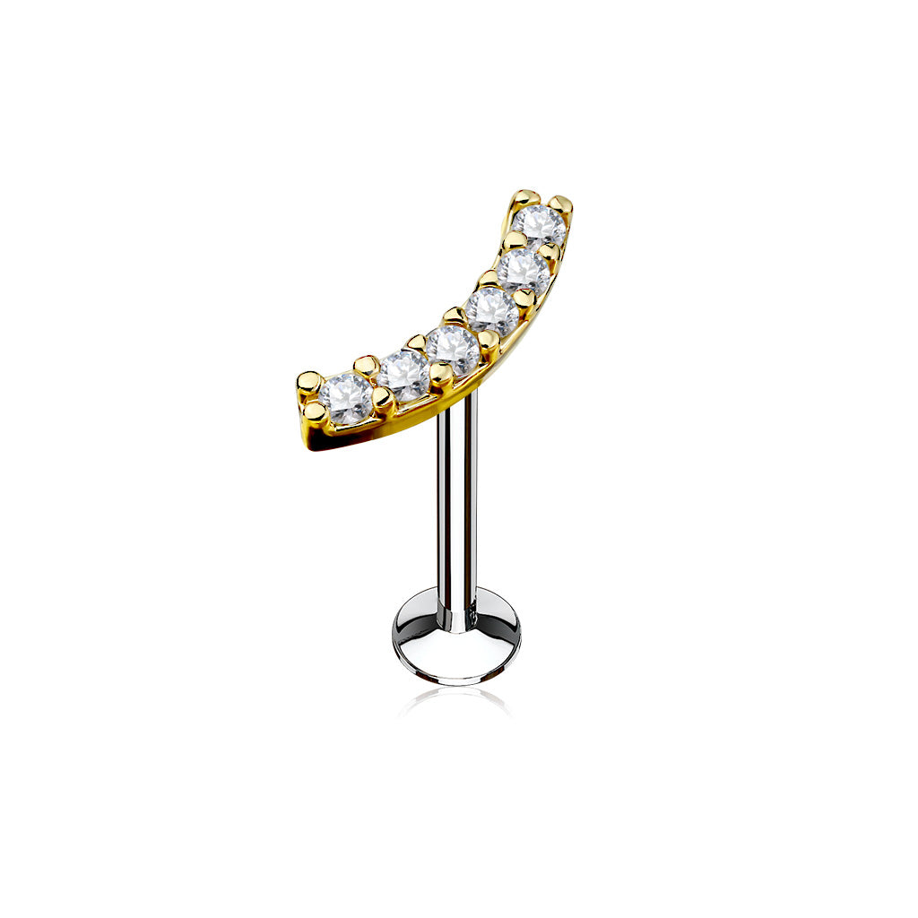 Lined CZ Curve Top 316L Surgical Steel Internally Threaded Labret,Monroe, Cartilage Studs - Gold/Clear