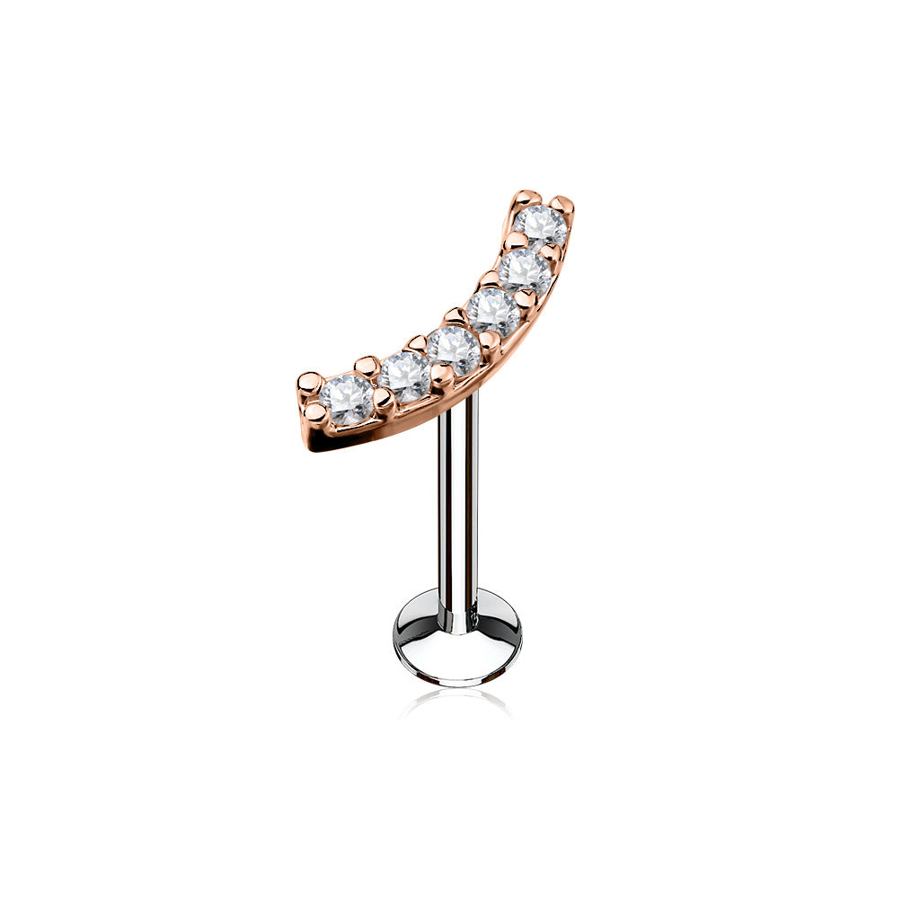 Lined CZ Curve Top 316L Surgical Steel Internally Threaded Labret,Monroe, Cartilage Studs - Rose Gold/Clear