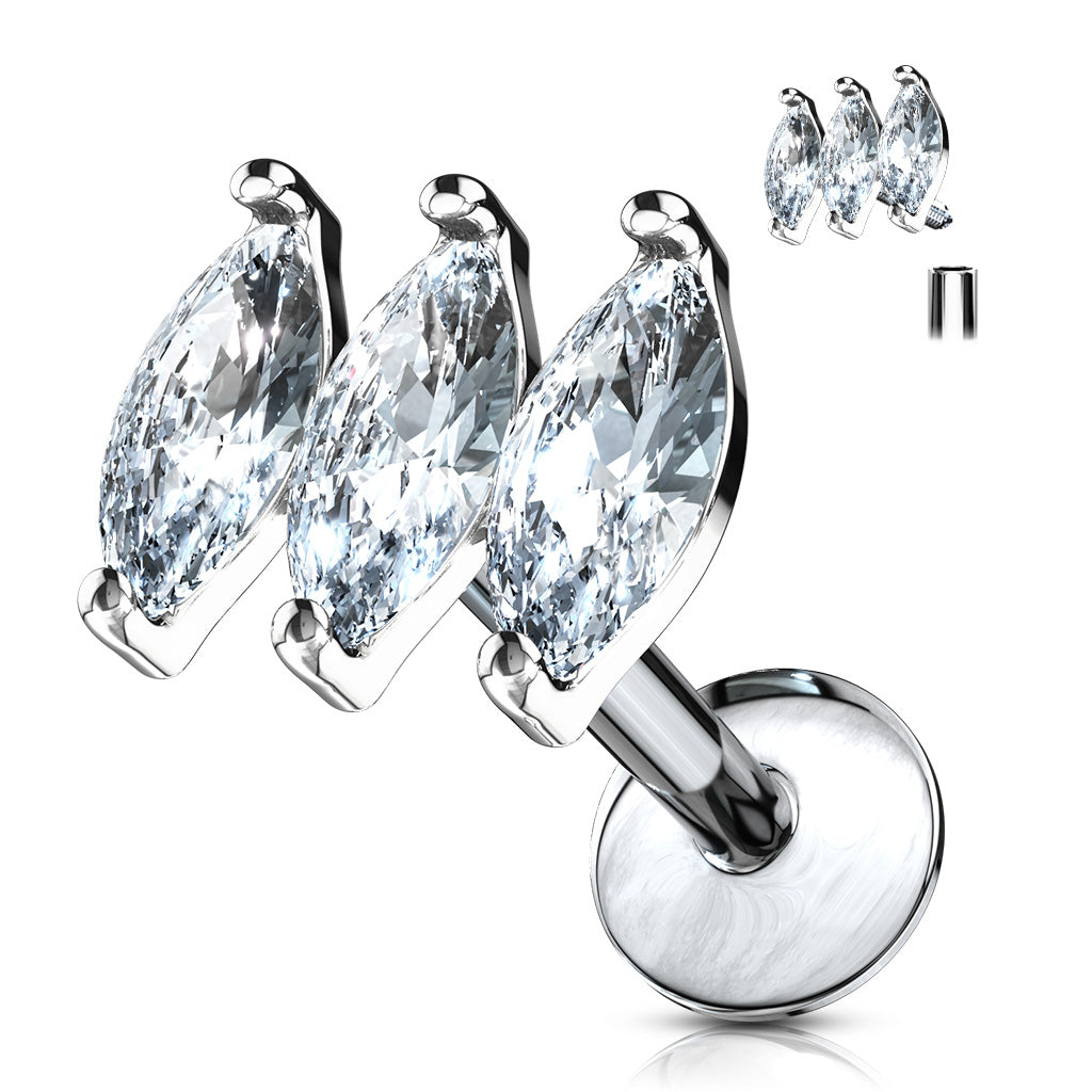 Triple Marquise CZ Prong Set Top 316L Surgical Steel Internally Threaded Labret, Monroe, Ear Cartilage Studs - Clear