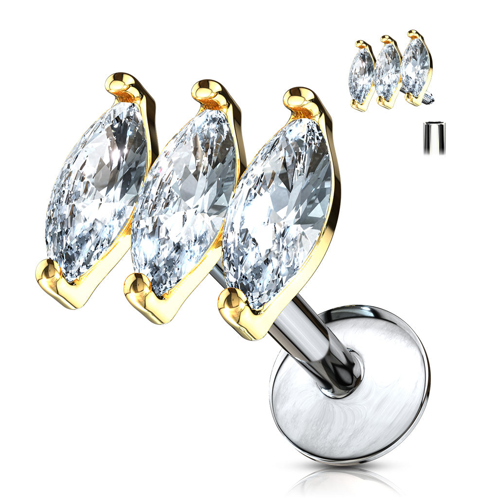 Triple Marquise CZ Prong Set Top 316L Surgical Steel Internally Threaded Labret, Monroe, Ear Cartilage Studs - Gold/Clear