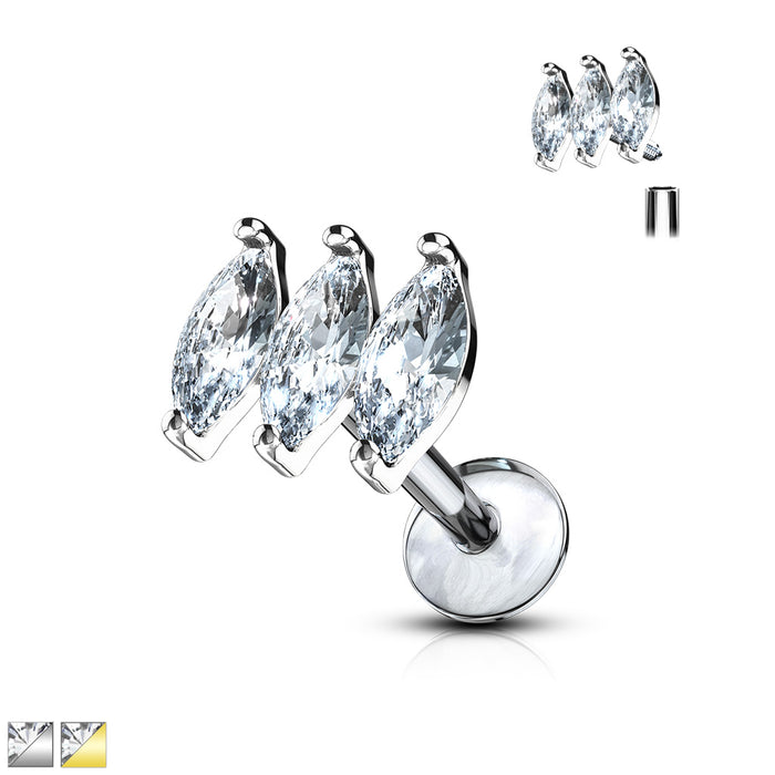 Triple Marquise CZ Top Internally Threaded 316L Surgical Steel Labret Studs
