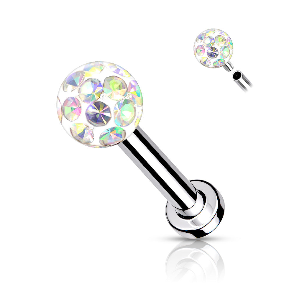 Internally Threaded 316L Surgical Steel With Epoxy Covered Crystal Paved Ball Top Flat Back Studs for Labret, Monroe, Cartilage and More - Aurora Borealis