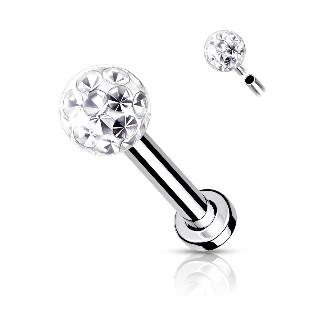Internally Threaded 316L Surgical Steel With Epoxy Covered Crystal Paved Ball Top Flat Back Studs for Labret, Monroe, Cartilage and More - Clear