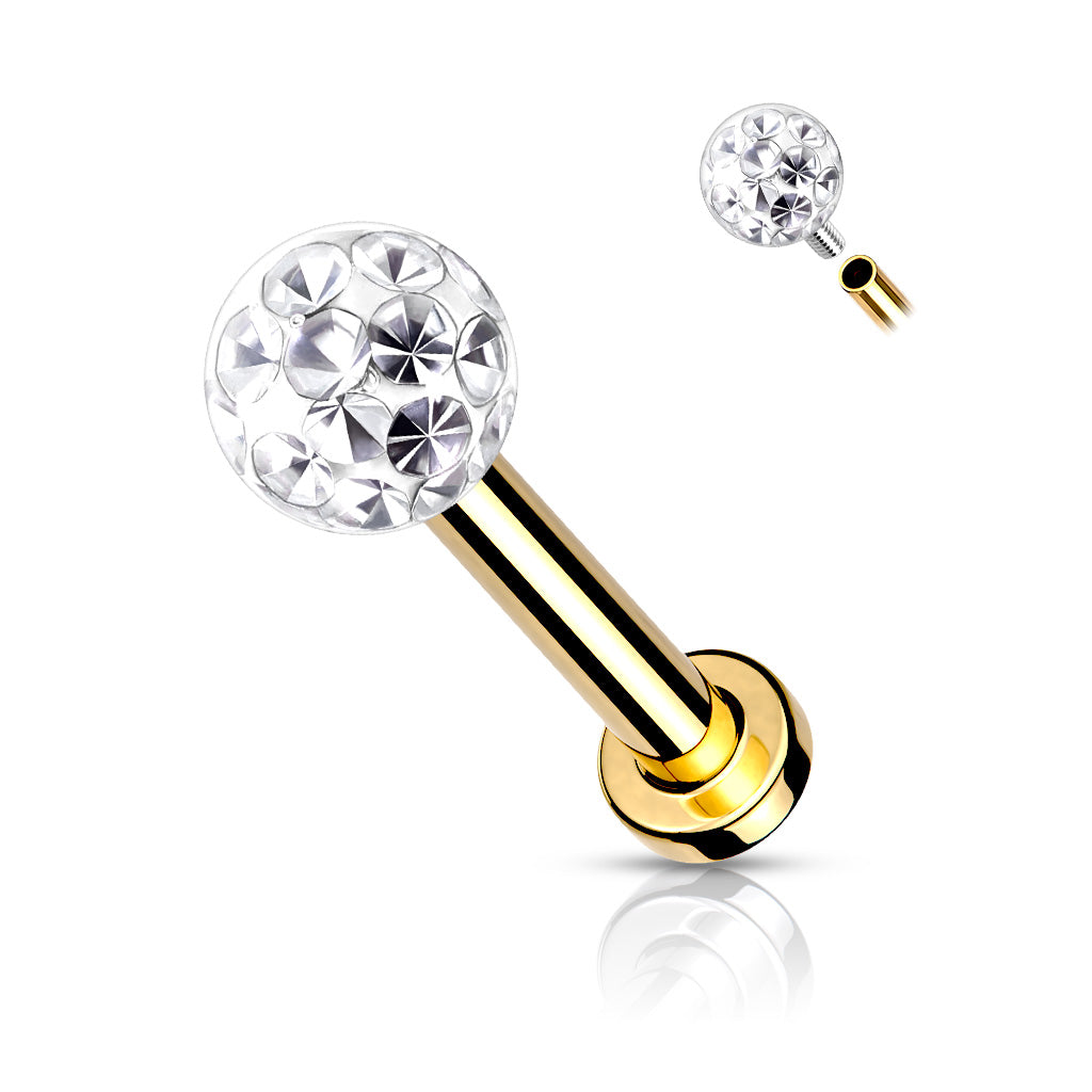 Internally Threaded 316L Surgical Steel With Epoxy Covered Crystal Paved Ball Top Flat Back Studs for Labret, Monroe, Cartilage and More - Gold/Clear